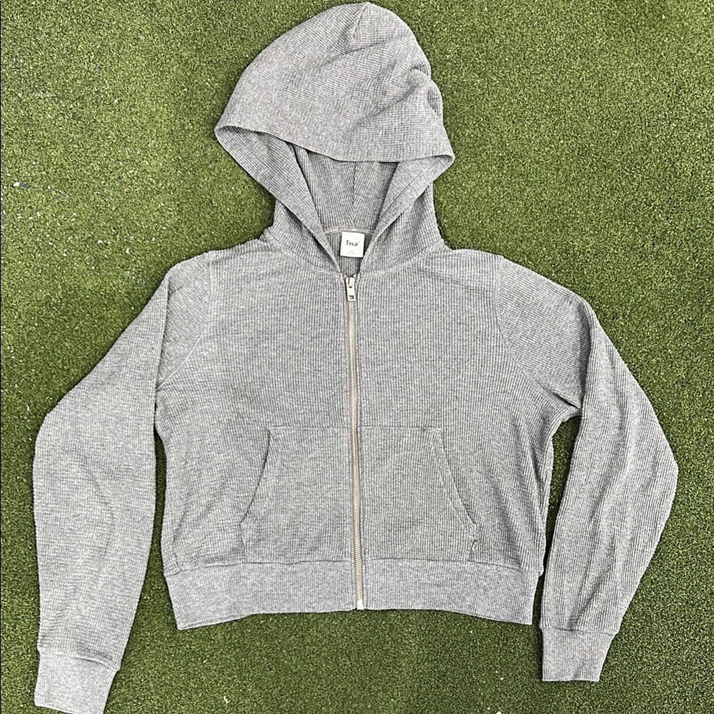 TNA Gray Zip-Up SWEATER with Hood and Ribbed Cuffs